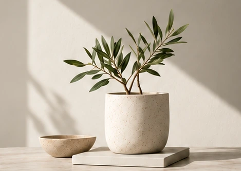 Olive branches in a ceramic planter